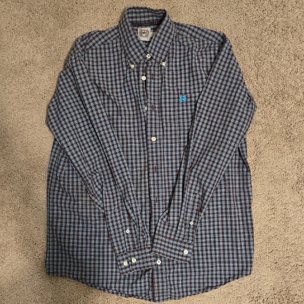 Cinch Men's Blue and Brown Plaid Button-Down Shirt, Western, Cowboy, Small